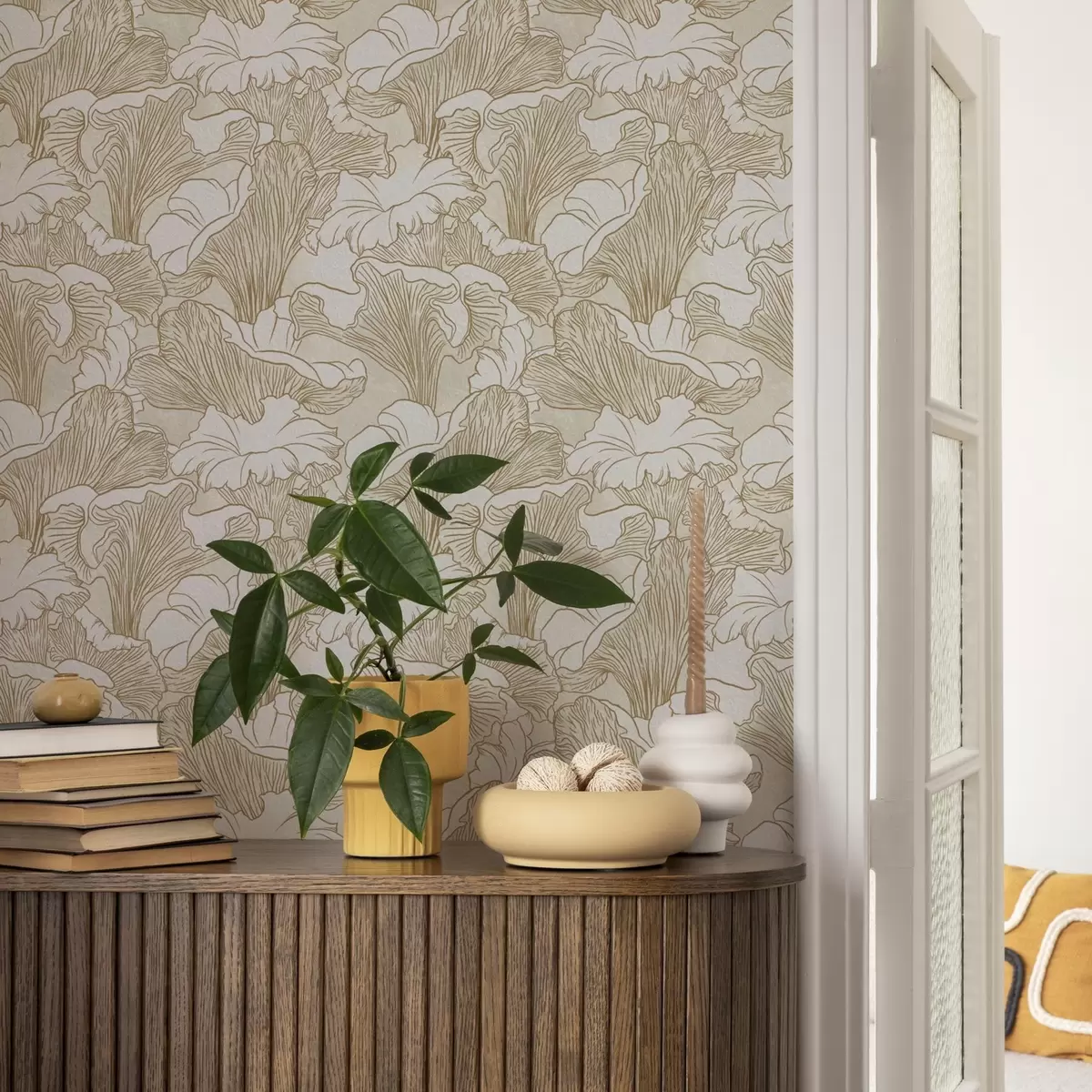 Papel pintado Champiñones rebozuelos, dibujo lineal sobre fondo crema a00275