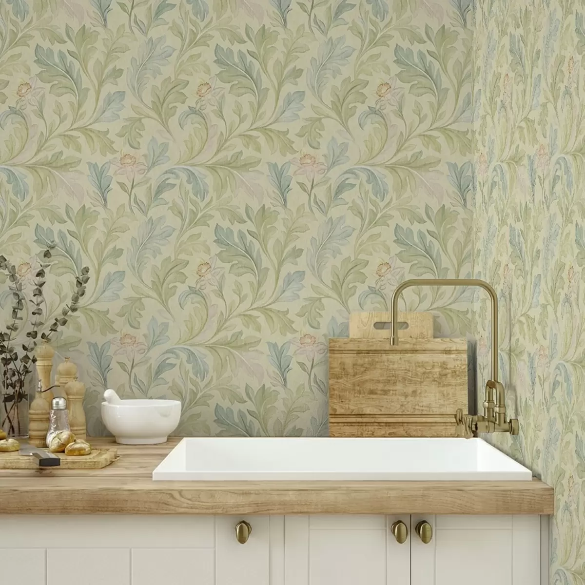 Papel pintado Hojas vintage sobre fondo amarillento, colores suaves a00277v1