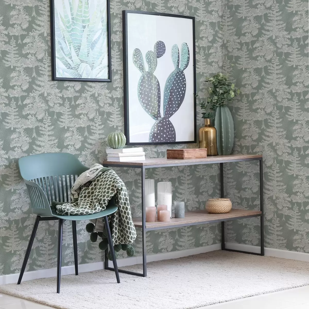 Papel pintado Coníferas en estilo pizarra sobre verde a00280