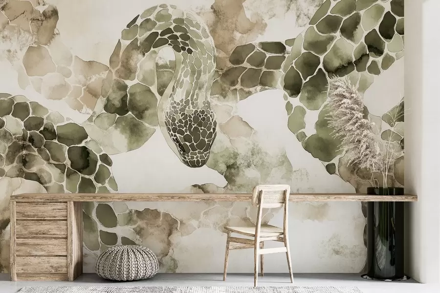 murales de pared Silueta de serpiente, estilo acuarela, colores oliva w04113v3