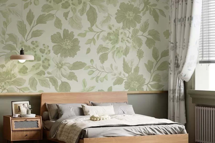 murales de pared Flores estilo boho con estampado de leopardo, color verde w04114v2