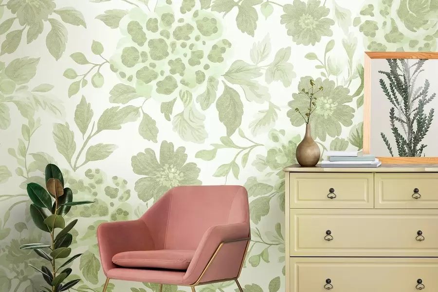 murales de pared Flores estilo boho con estampado de leopardo, color verde w04114v2