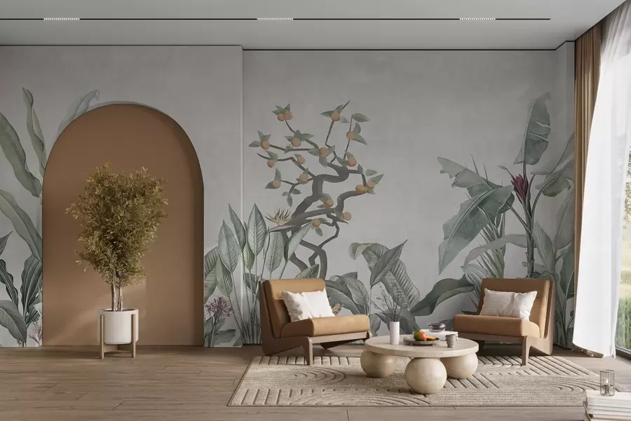 murales de pared Plantas tropicales con naranjo sobre fondo claro w04201