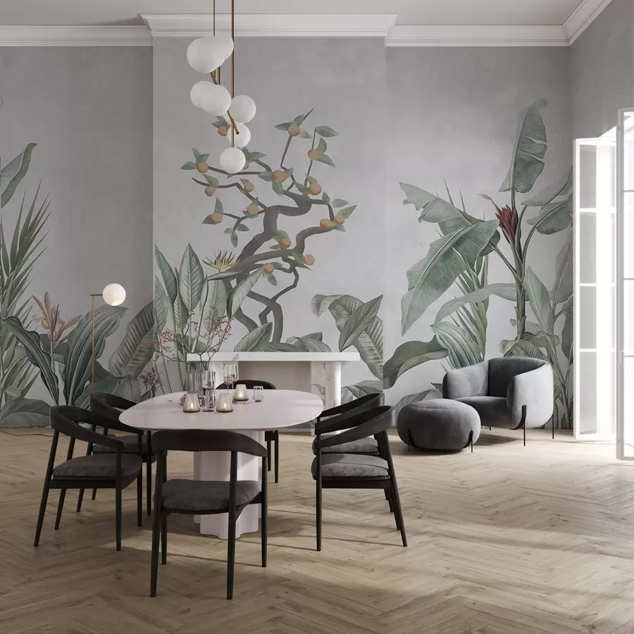 murales de pared Plantas tropicales con naranjo sobre fondo claro w04201