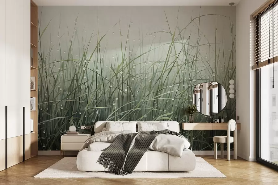 murales de pared Hierba con gotas de agua, tonos verdes apagados, luz suave, fondo brumoso, estilo abstracto minimalista texturizado w09217