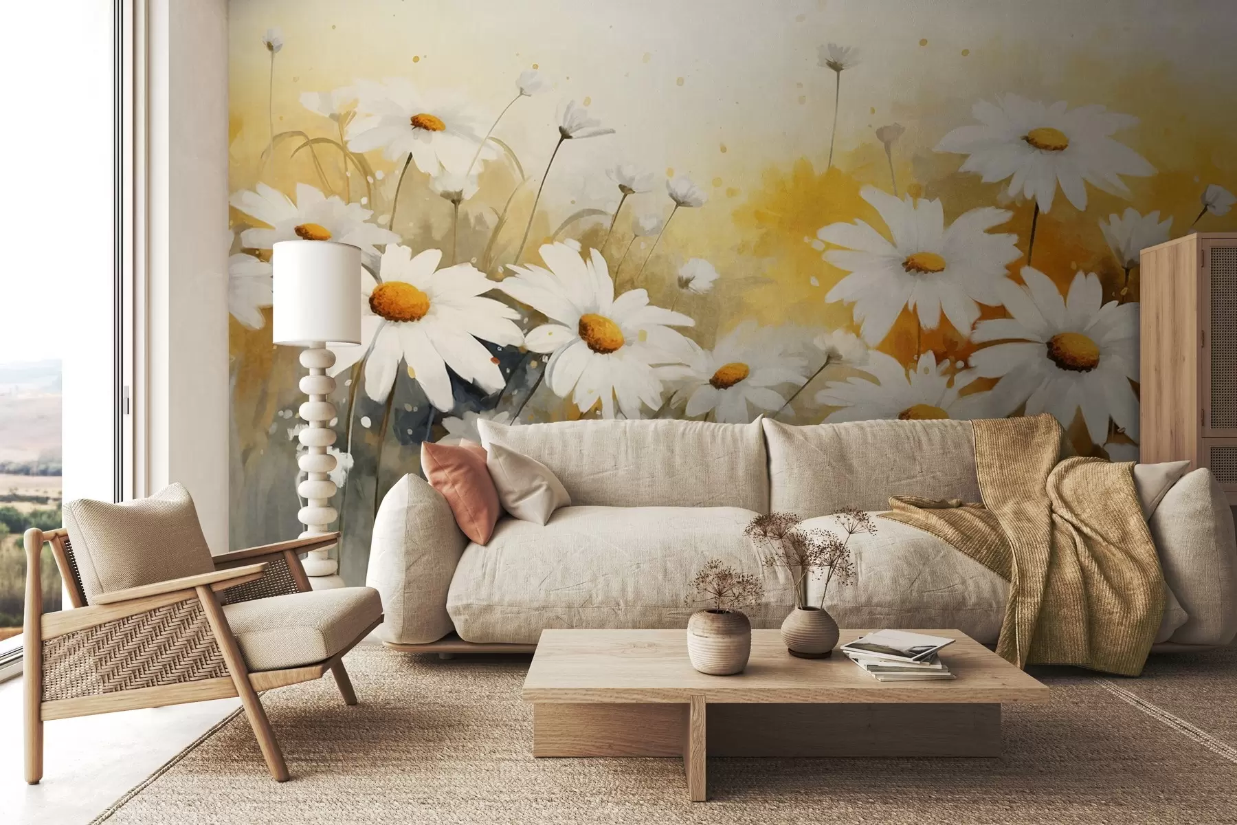 murales de pared Un campo de margaritas blancas con centros amarillos, sobre un suave fondo amarillo y beige, estilo acuarela  w09218