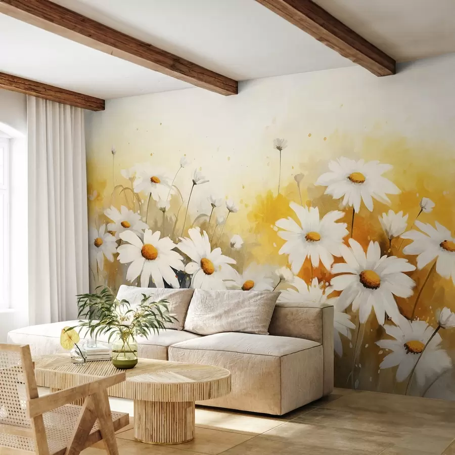 murales de pared Un campo de margaritas blancas con centros amarillos, sobre un suave fondo amarillo y beige, estilo acuarela  w09218