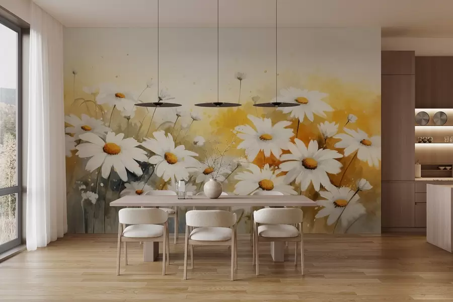 murales de pared Un campo de margaritas blancas con centros amarillos, sobre un suave fondo amarillo y beige, estilo acuarela  w09218
