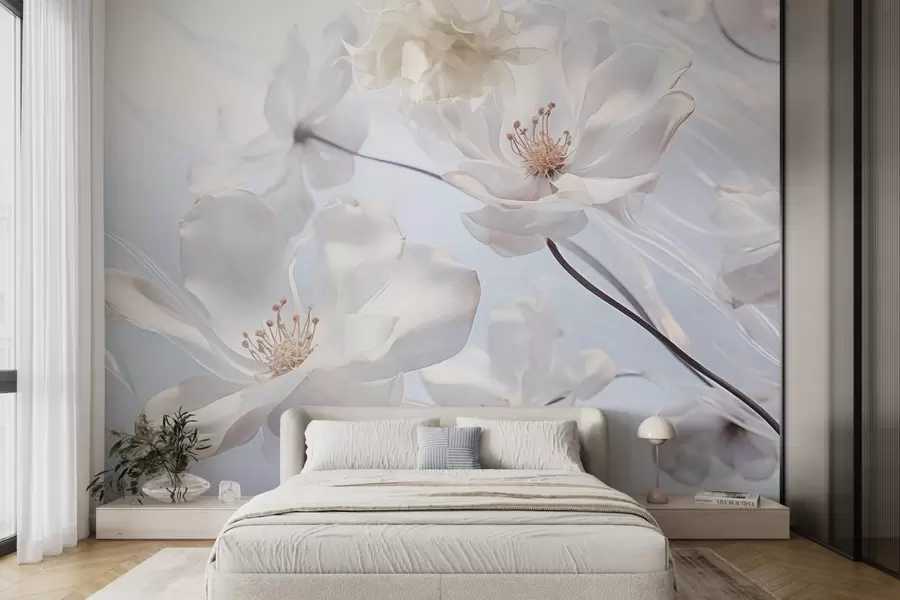 murales de pared Flores blancas transparentes texturizadas con delicados pétalos, fondo azul claro suave, elegante, romántico, de ensueño w09233