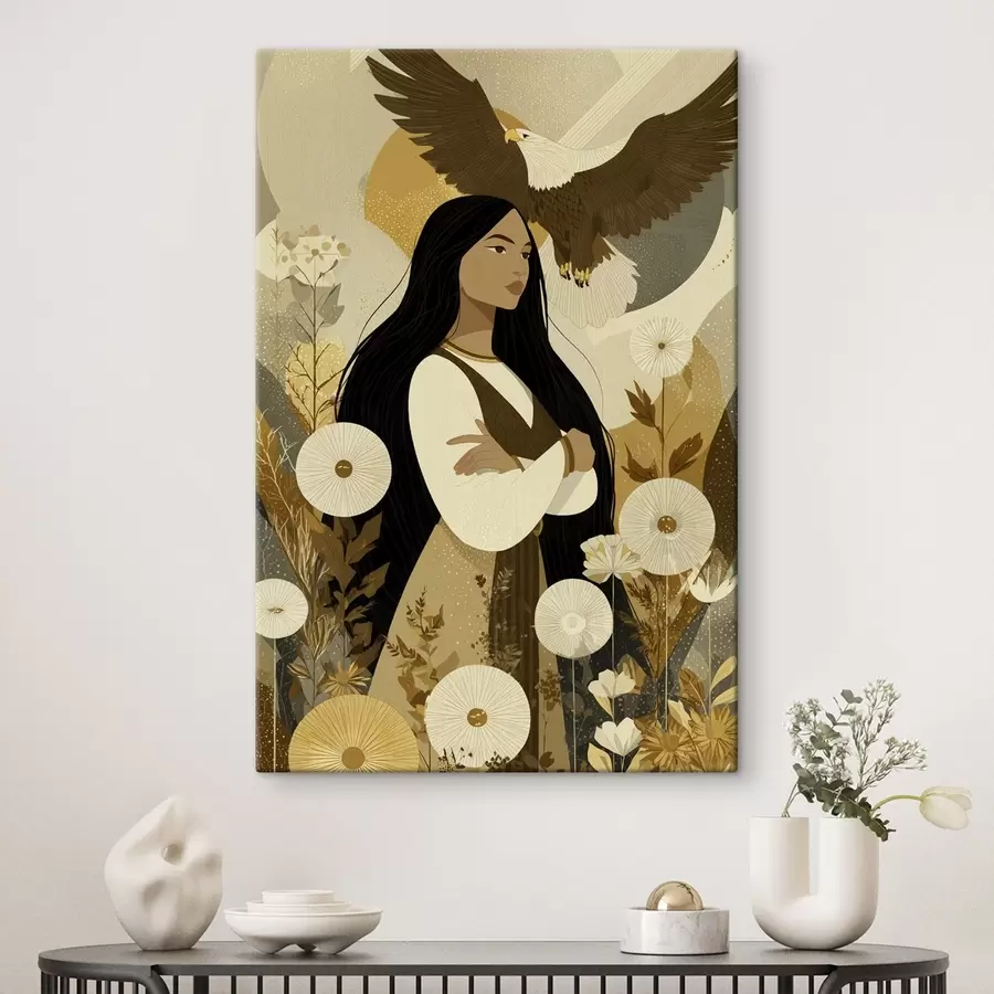 murales de pared Mujer con águila volando, estilo tribal, colores beige s44977