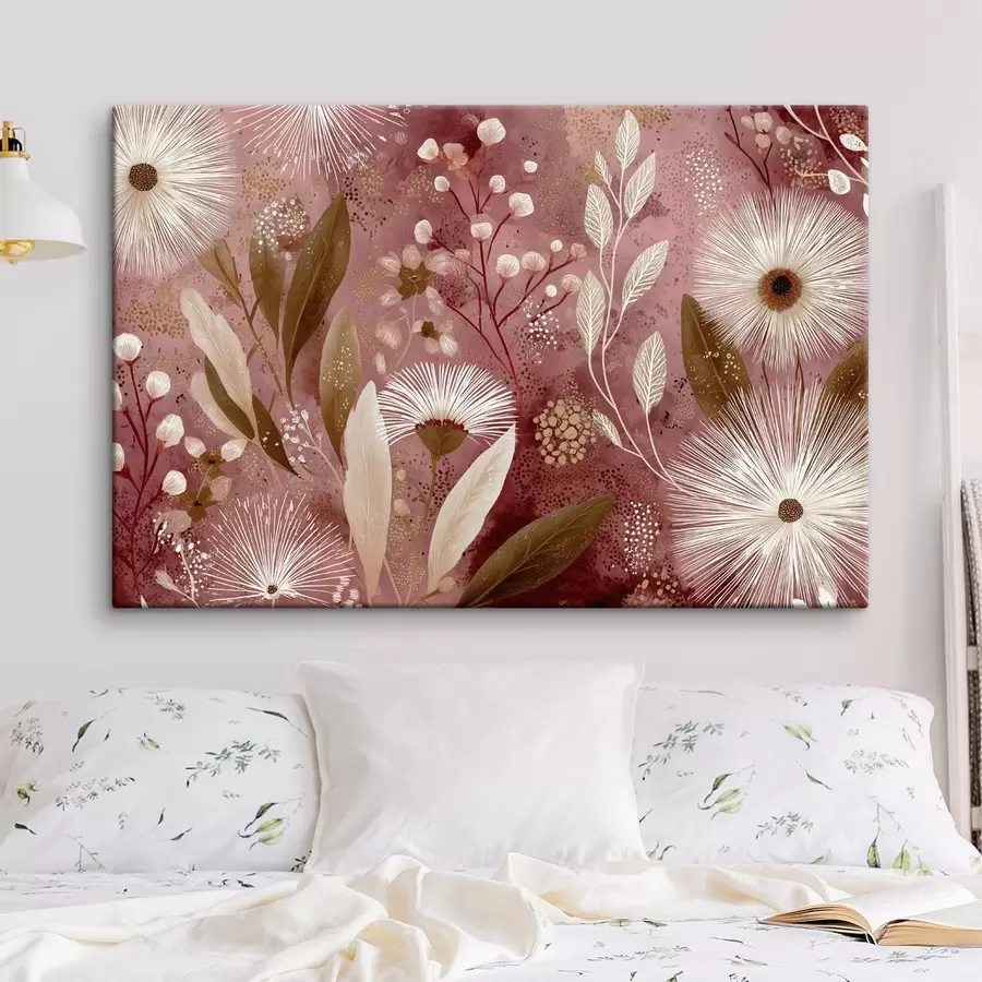 murales de pared Flores blancas de estilo boho sobre fondo rojo, dibujo detallado s44979