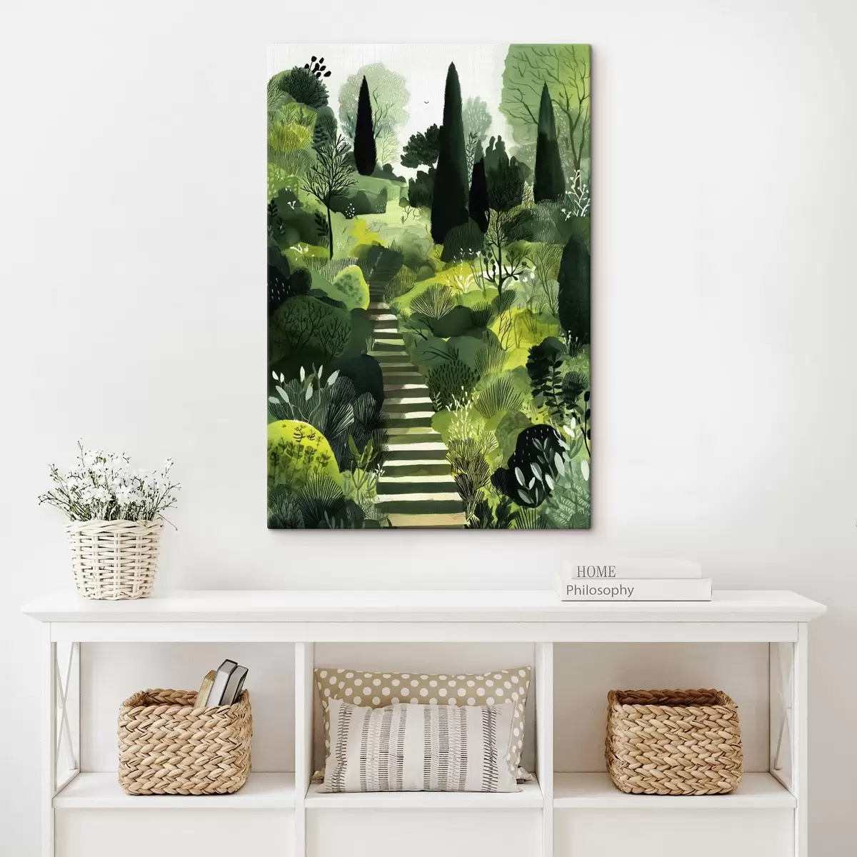 murales de pared Colinas verdes con árboles y arbustos, escaleras de hormigón, colores exuberantes s44980