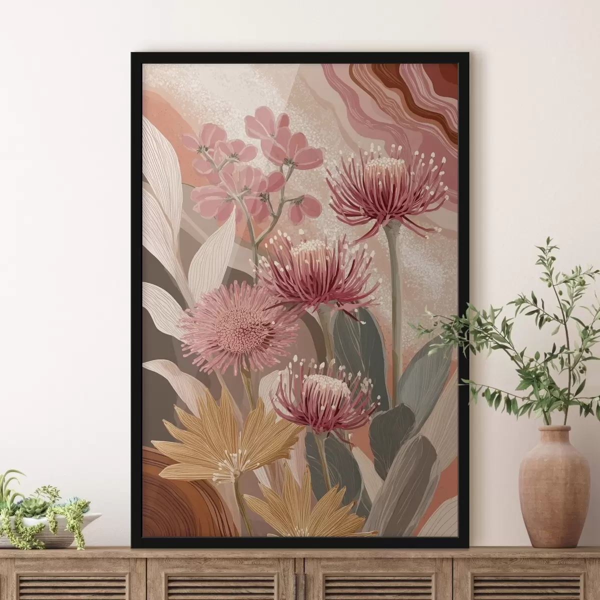 Poster Hermosas flores, dibujo al óleo, colores rojo y rosa f44975