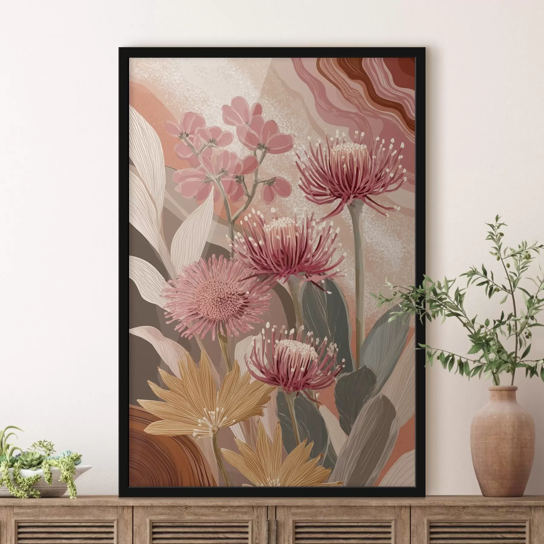 murales de pared Hermosas flores, dibujo al óleo, colores rojo y rosa f44975