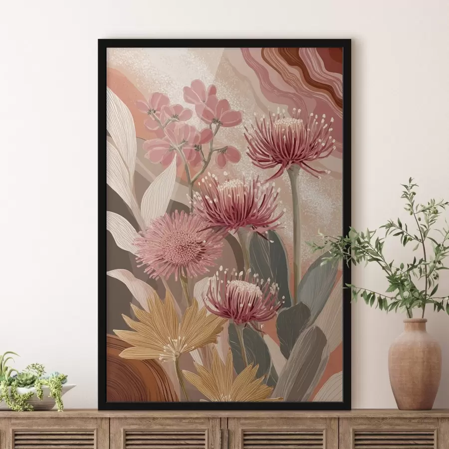 murales de pared Hermosas flores, dibujo al óleo, colores rojo y rosa f44975