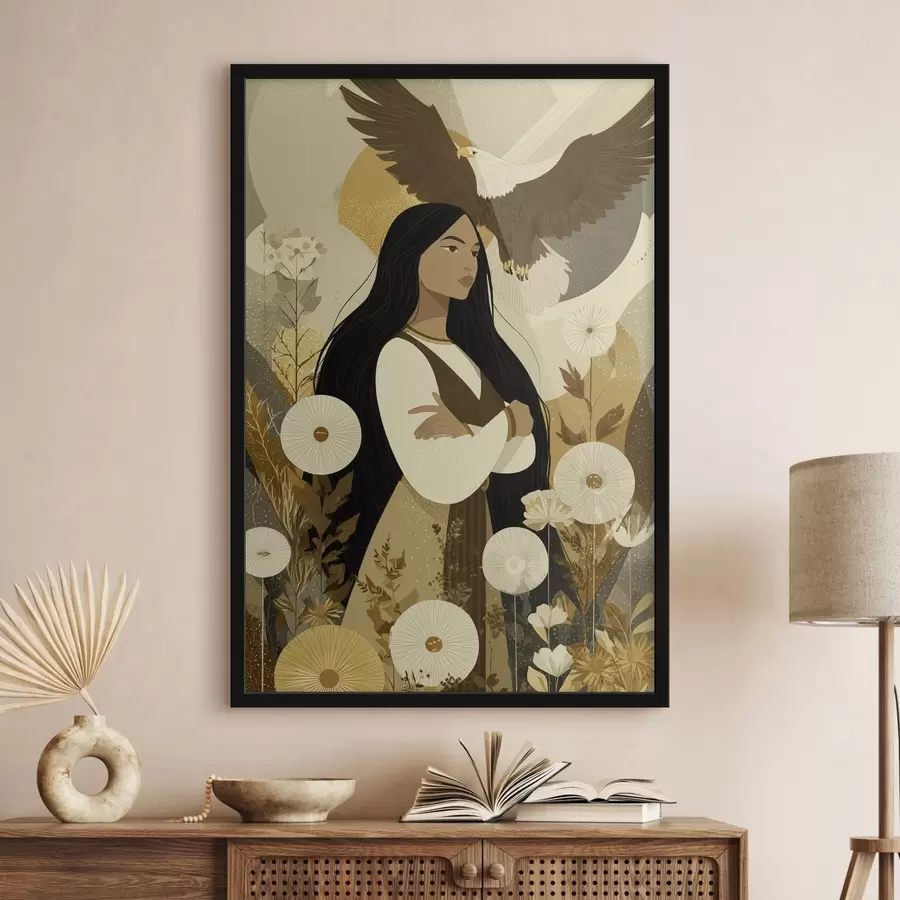 murales de pared Mujer con águila volando, estilo tribal, colores beige f44977