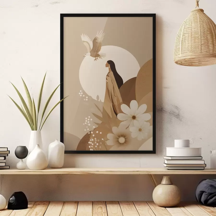 murales de pared Abstracción con mujer y águila en el cielo, colores beige f44978