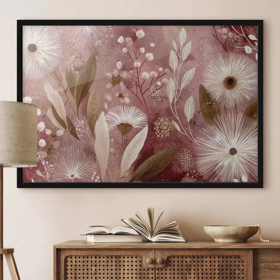 murales de pared Flores blancas de estilo boho sobre fondo rojo, dibujo detallado f44979