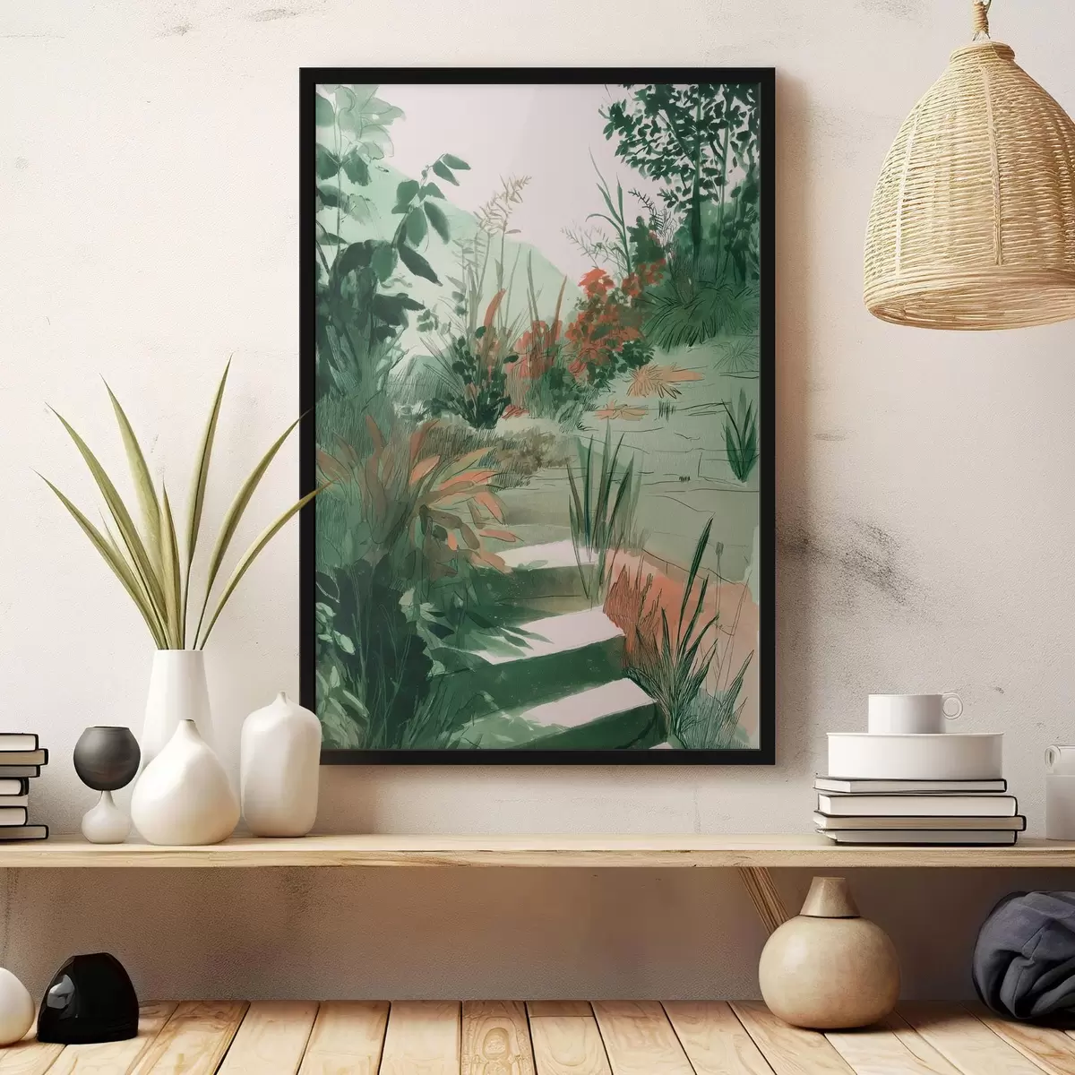 Poster Jardín oriental con arbustos y árboles, colores verdes f44982