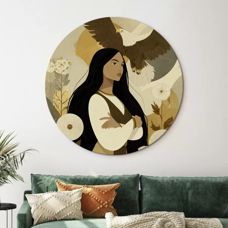 murales de pared Mujer con águila volando, estilo tribal, colores beige r44977