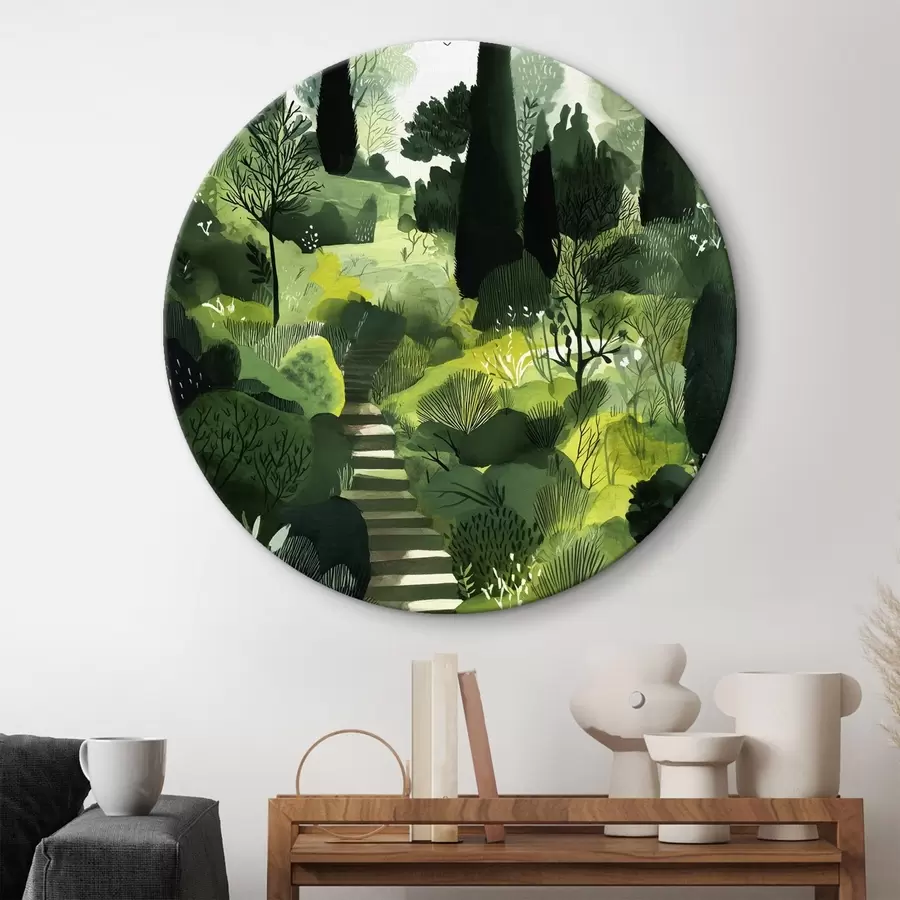 murales de pared Colinas verdes con árboles y arbustos, escaleras de hormigón, colores exuberantes r44980