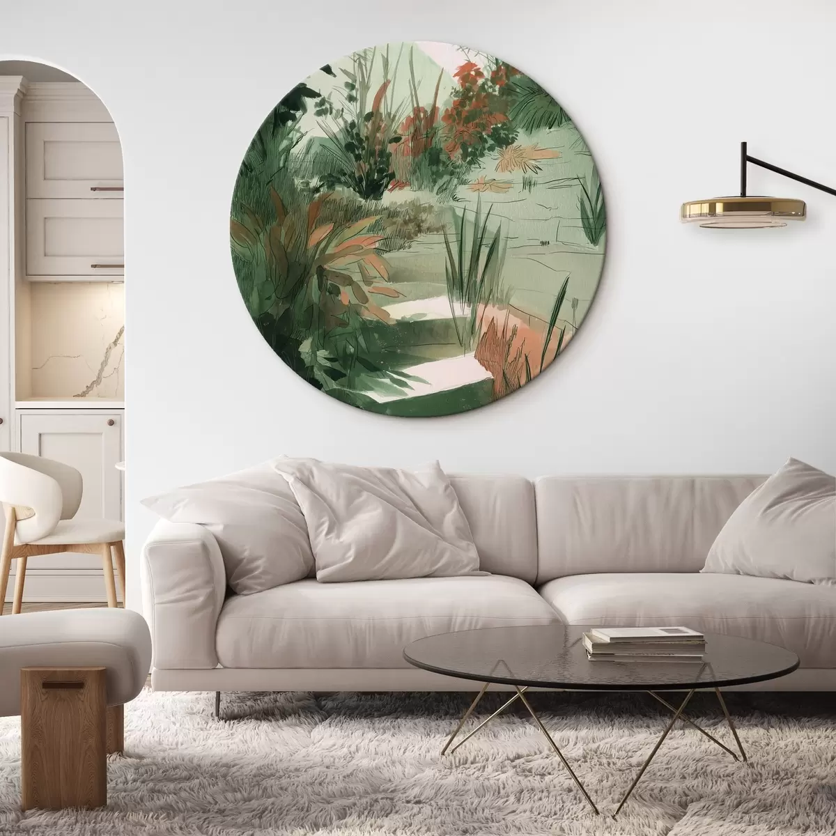 Cuadros redondos Jardín oriental con arbustos y árboles, colores verdes r44982