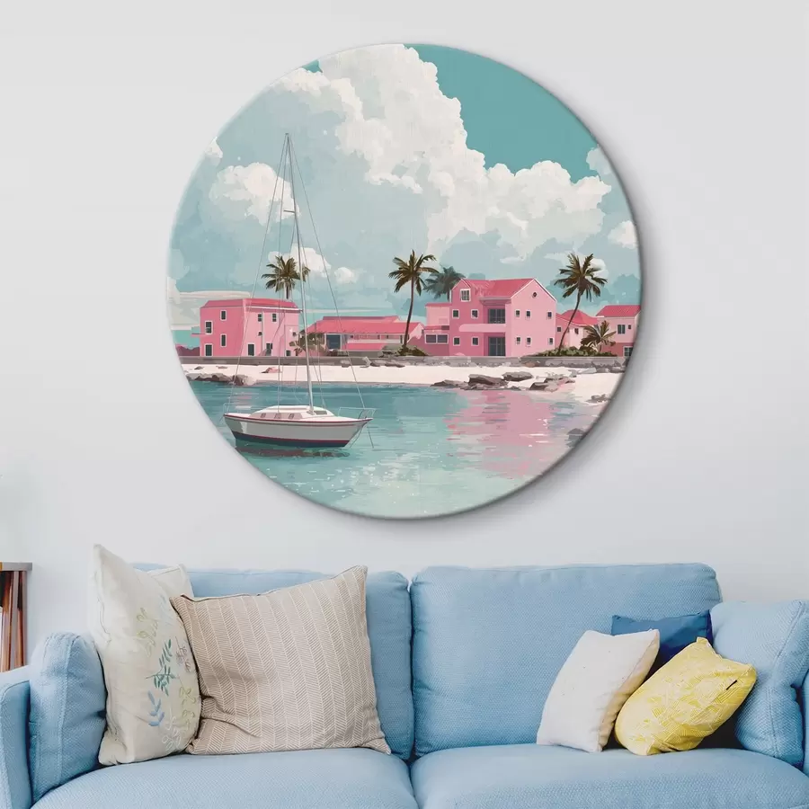 murales de pared Playa rosa con sol radiante, velero y casas r44986