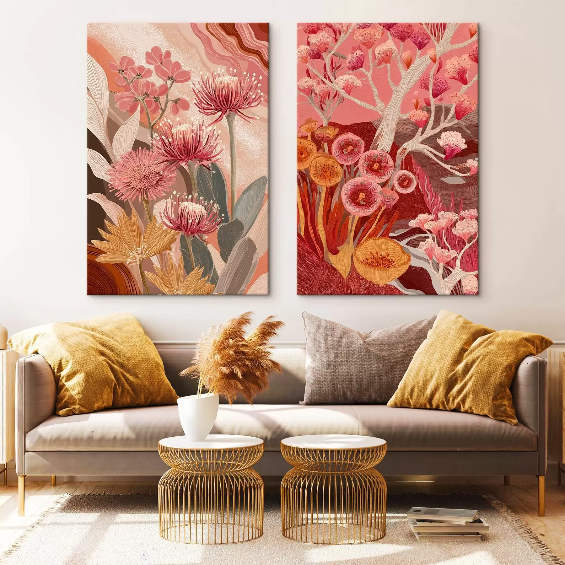 murales de pared Flores de estilo boho, dibujo detallado, colores burdeos m00476