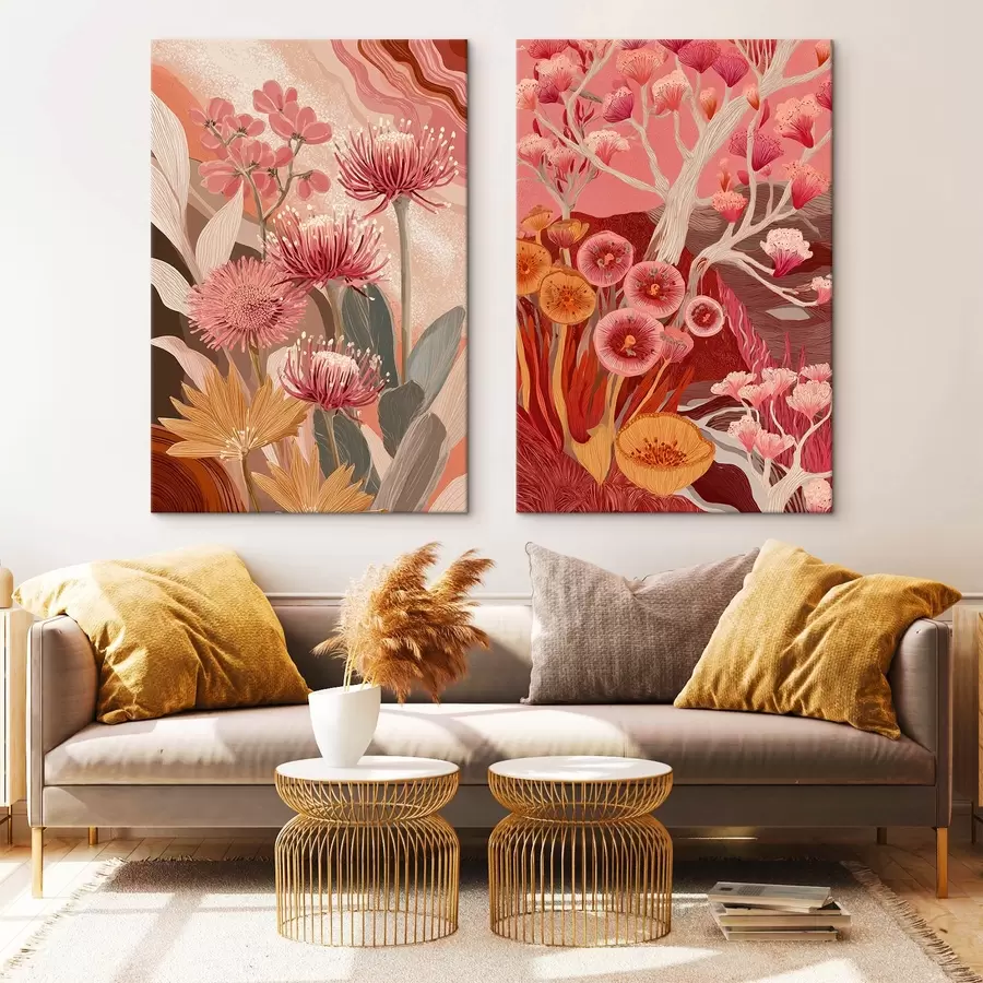 murales de pared Flores de estilo boho, dibujo detallado, colores burdeos m00476