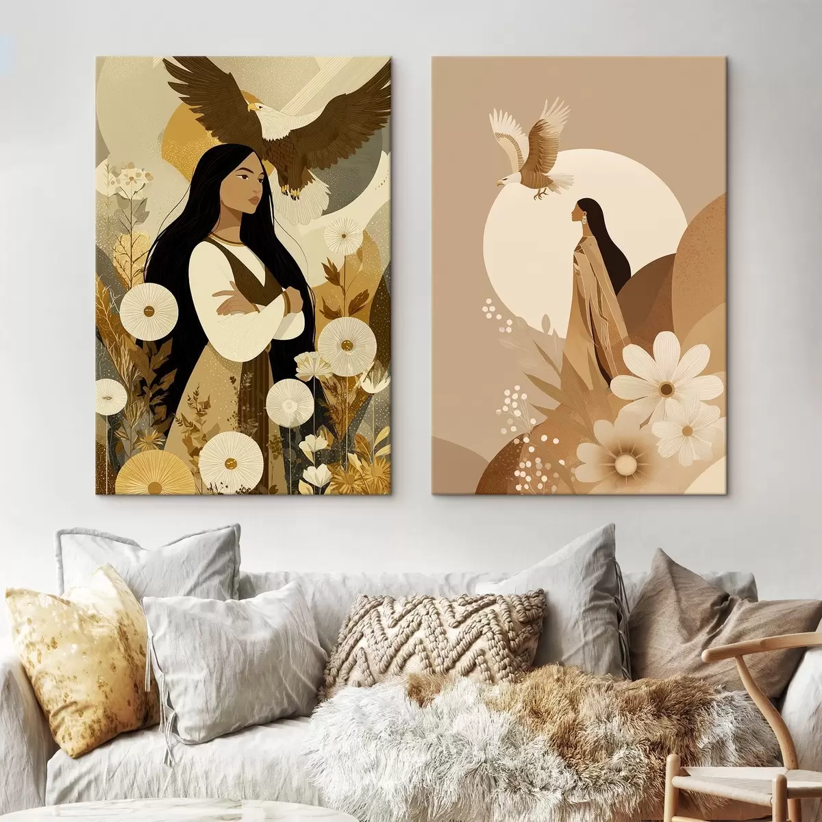 murales de pared Mujeres con águilas voladoras, estilo tribal, colores beige m00477