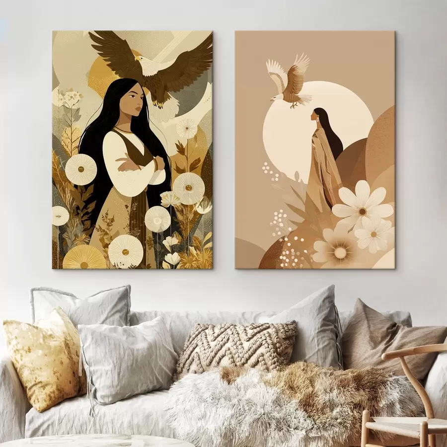 murales de pared Mujeres con águilas voladoras, estilo tribal, colores beige m00477