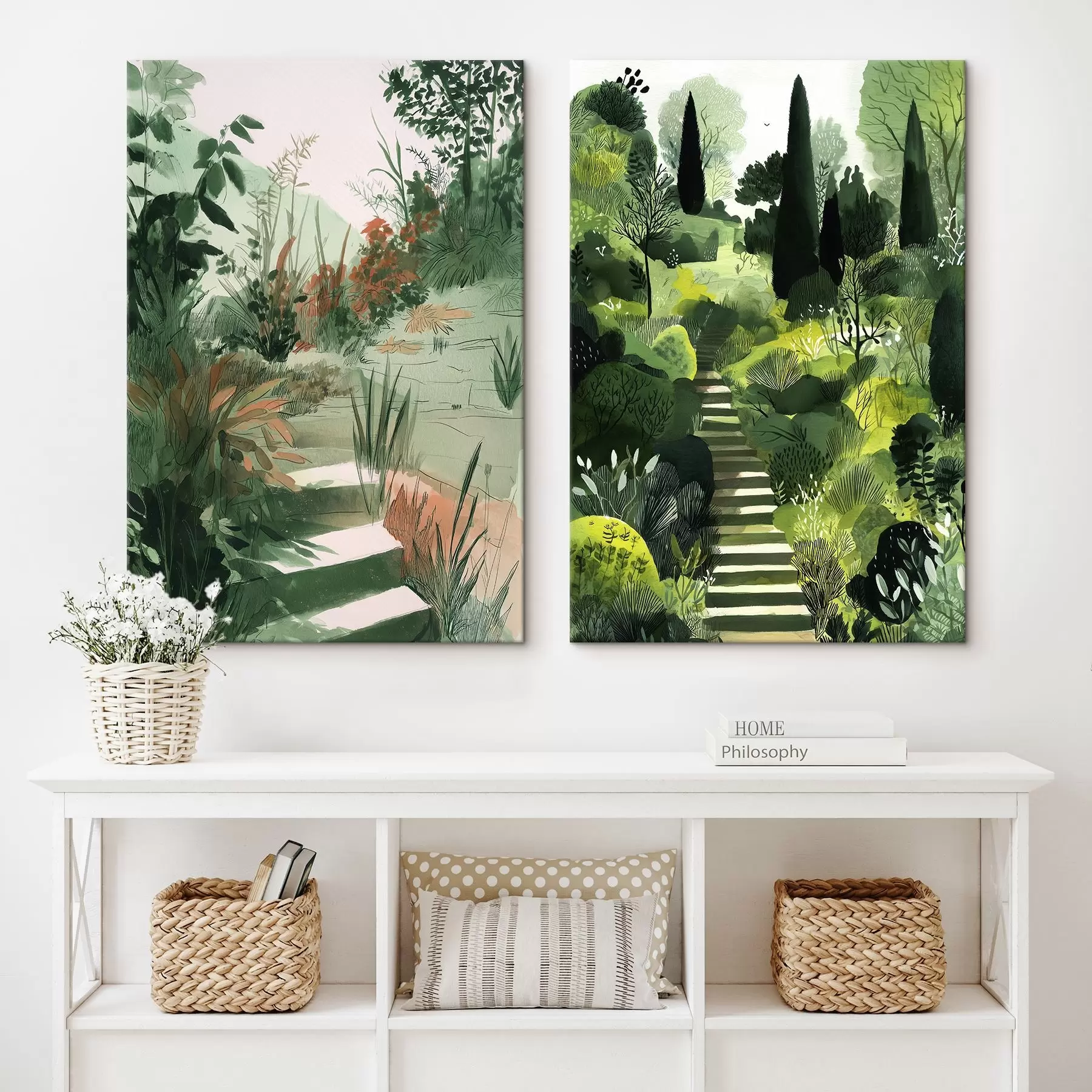 murales de pared Verde jardín oriental con arbustos y árboles m00478