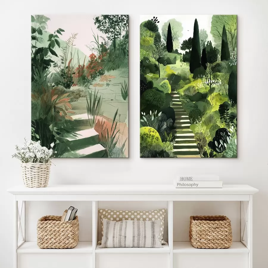 murales de pared Verde jardín oriental con arbustos y árboles m00478