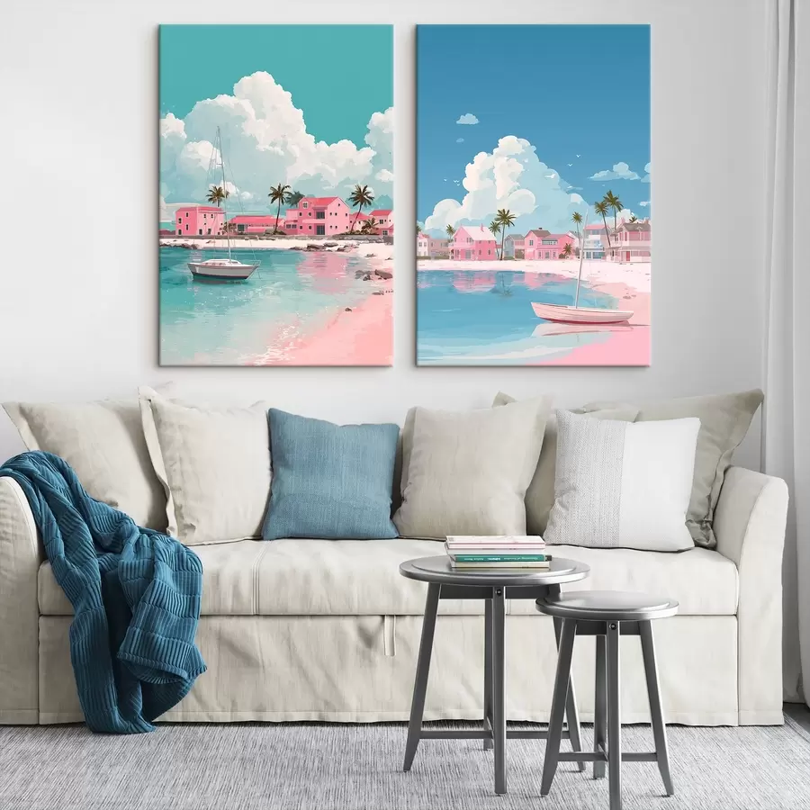 murales de pared Playa rosa de verano con sol, velero y casas m00479