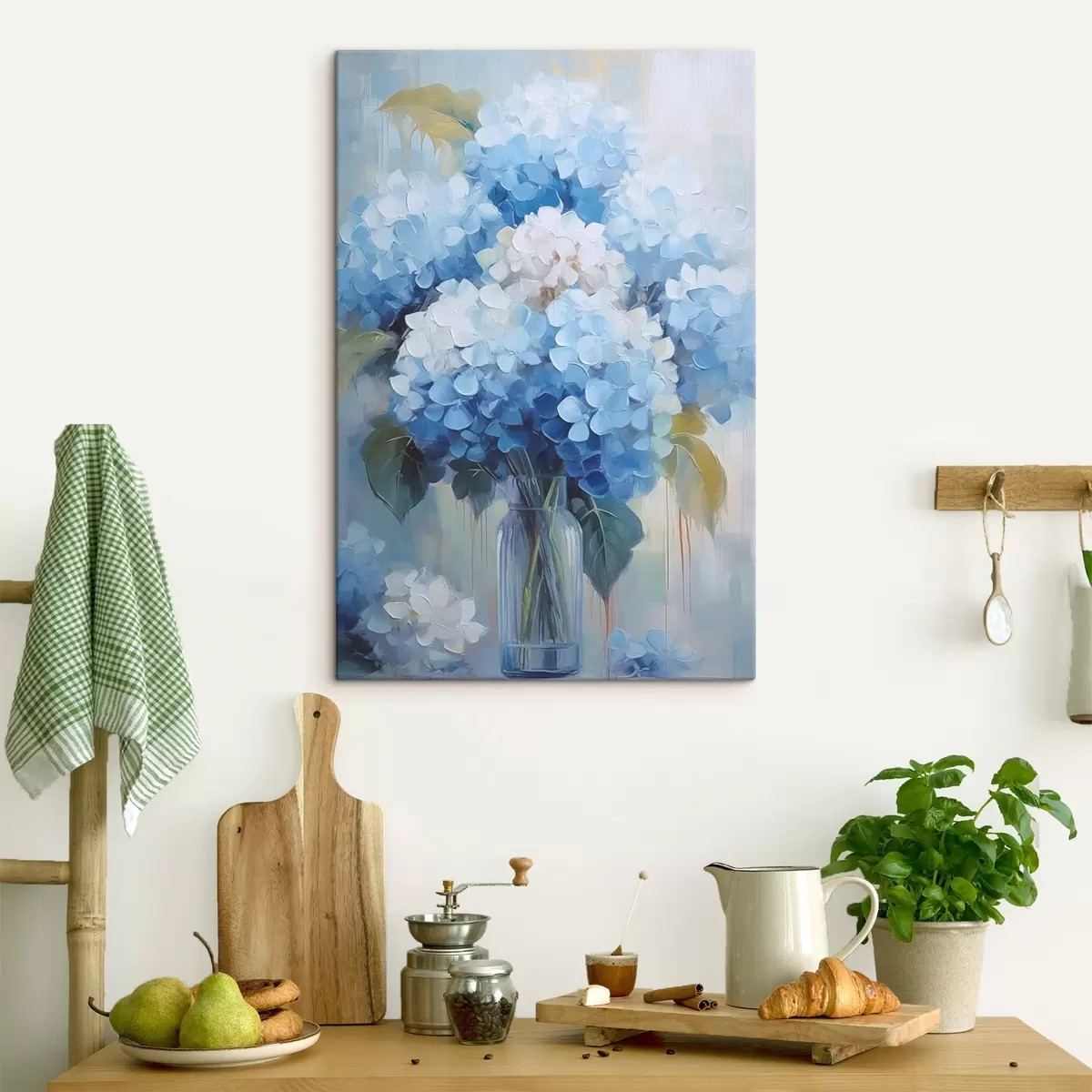 murales de pared Ramo de hortensias azules en jarrón de cristal s44998