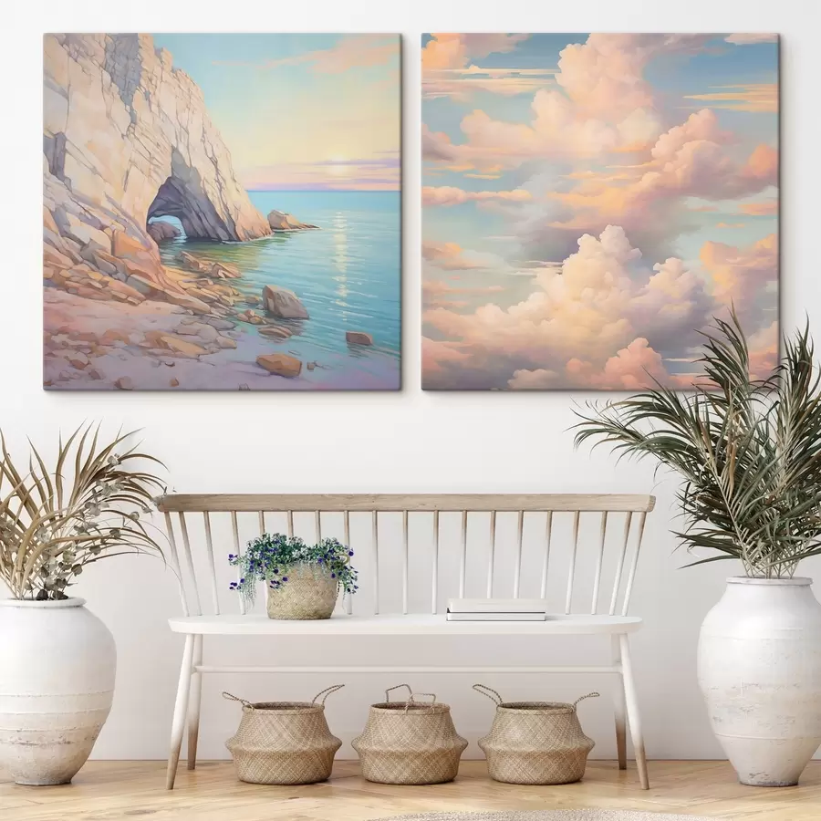 murales de pared Olas en una orilla rocosa y cielo con nubes m00487