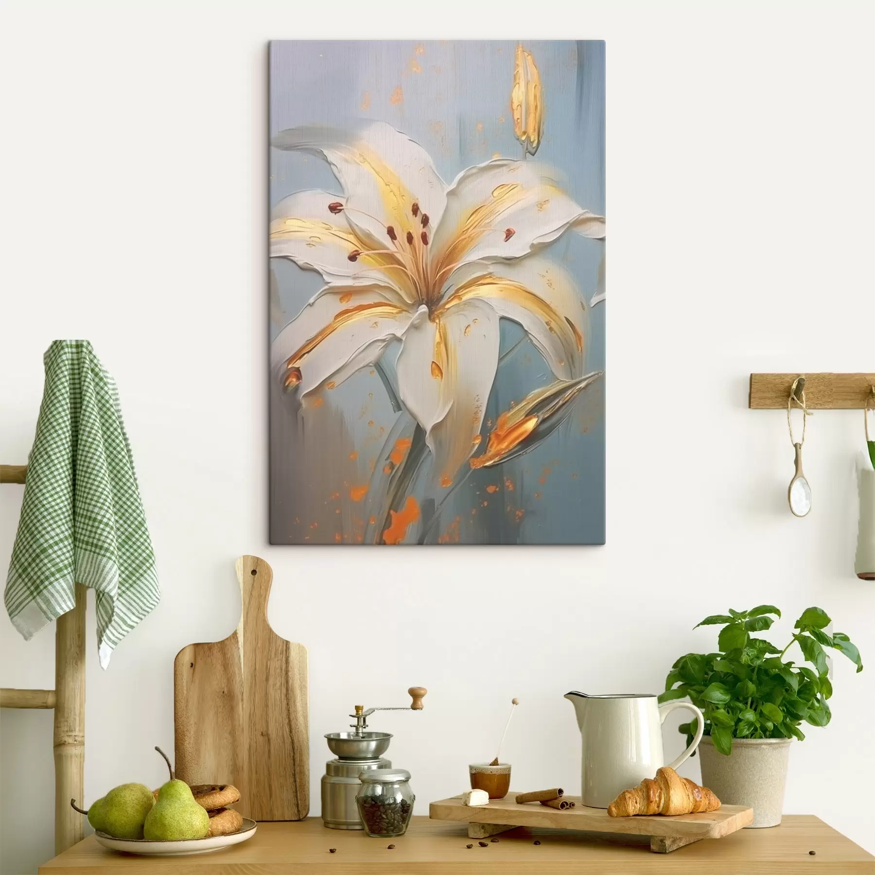 murales de pared Lirio blanco con trazos amarillos sobre fondo azul s45077