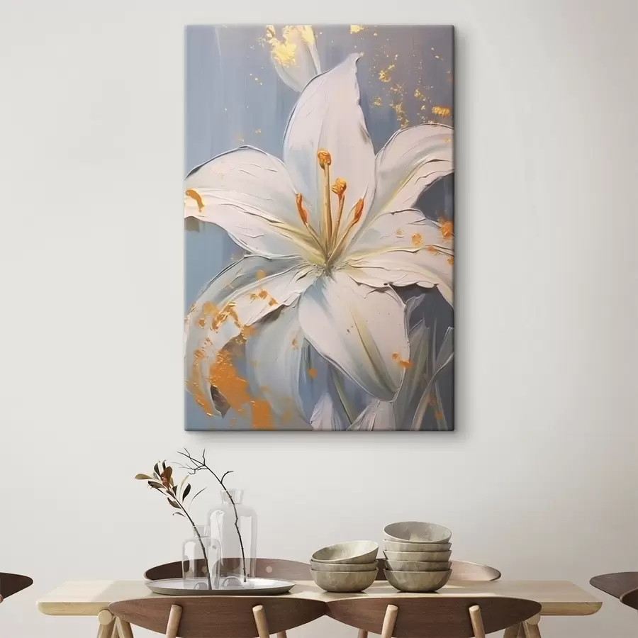 murales de pared Lirio blanco con detalles amarillos sobre fondo azul s45078