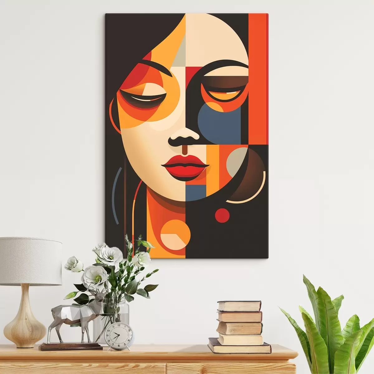 murales de pared Rostro femenino geométrico en colores cálidos s45087