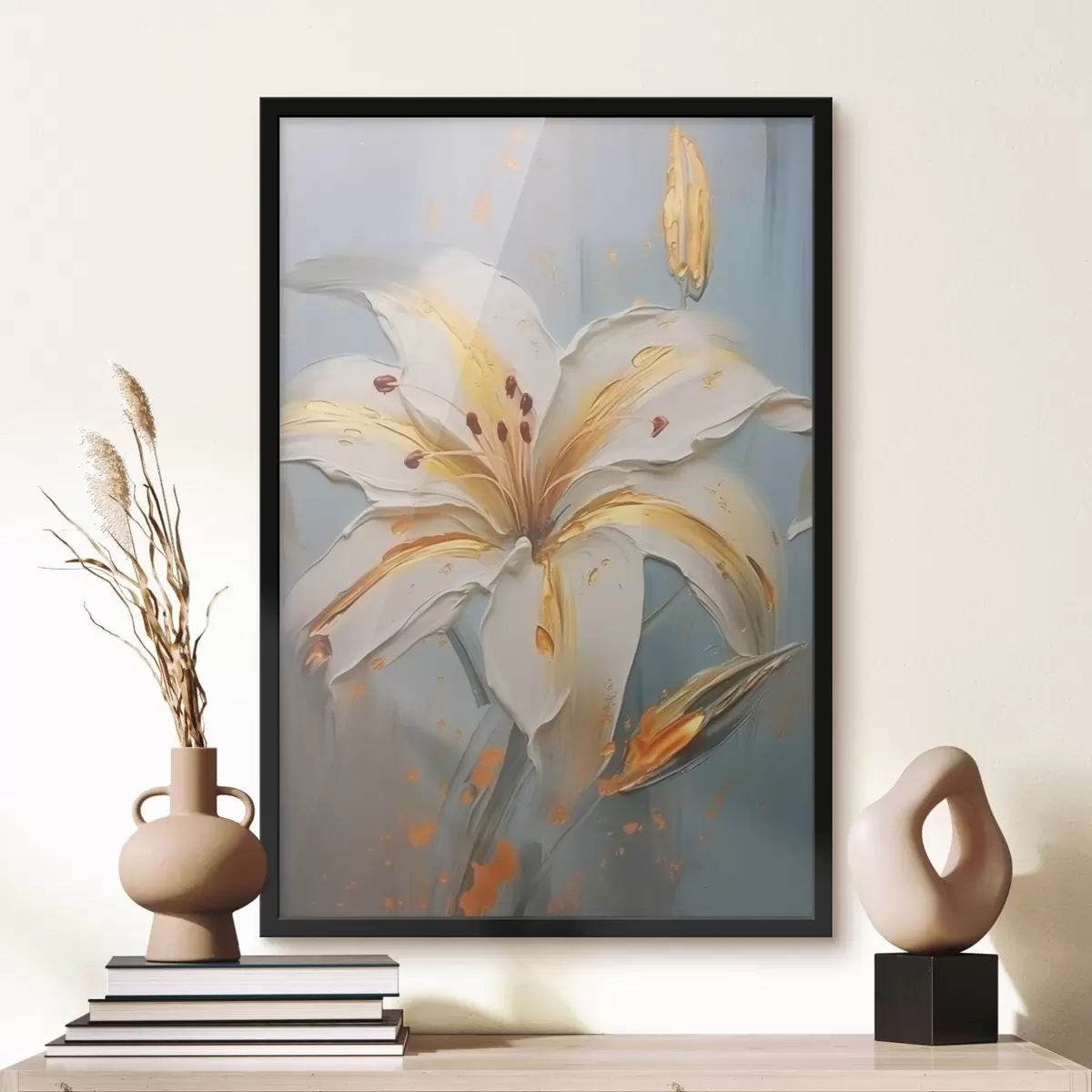 Poster Lirio blanco con trazos amarillos sobre fondo azul f45077