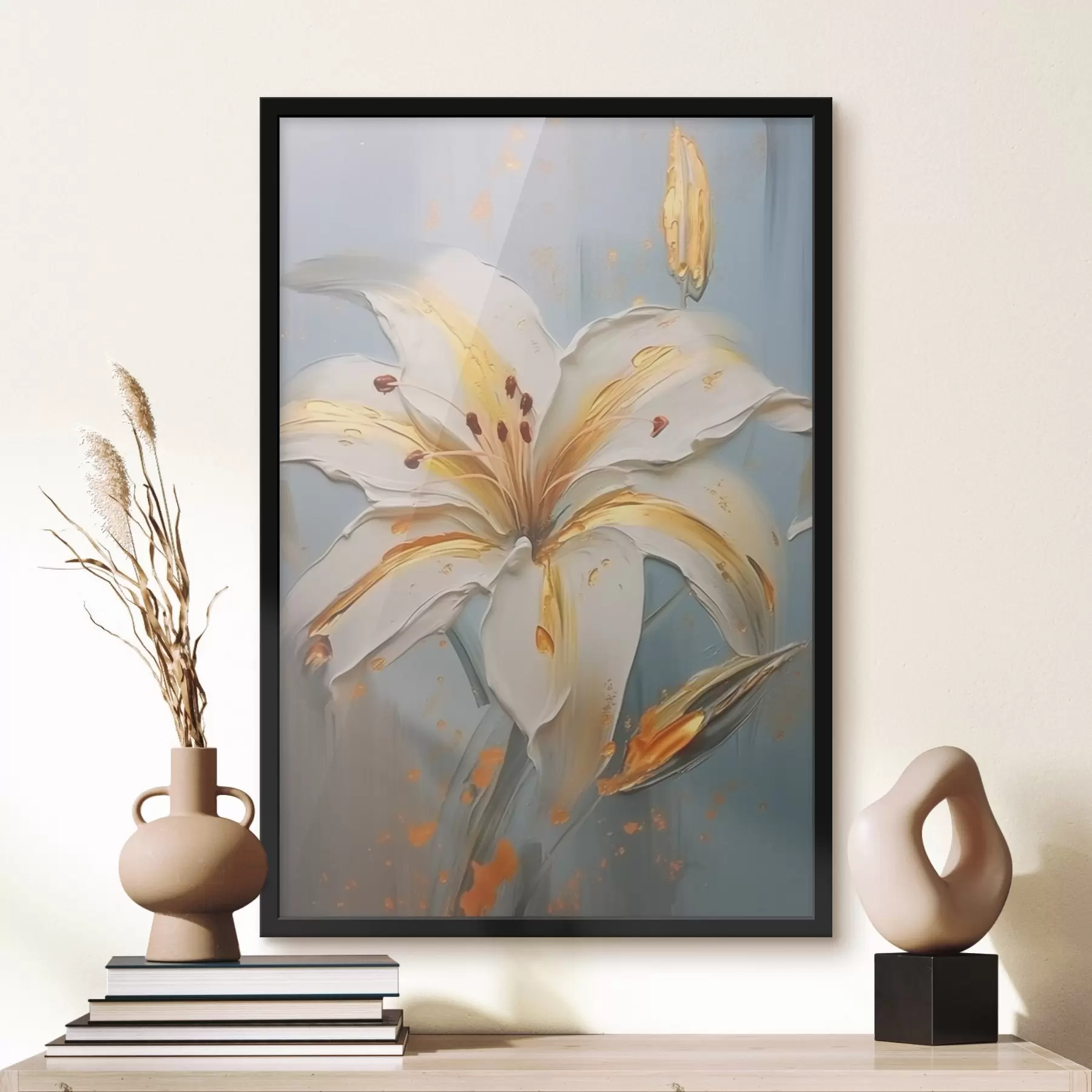 murales de pared Lirio blanco con trazos amarillos sobre fondo azul f45077