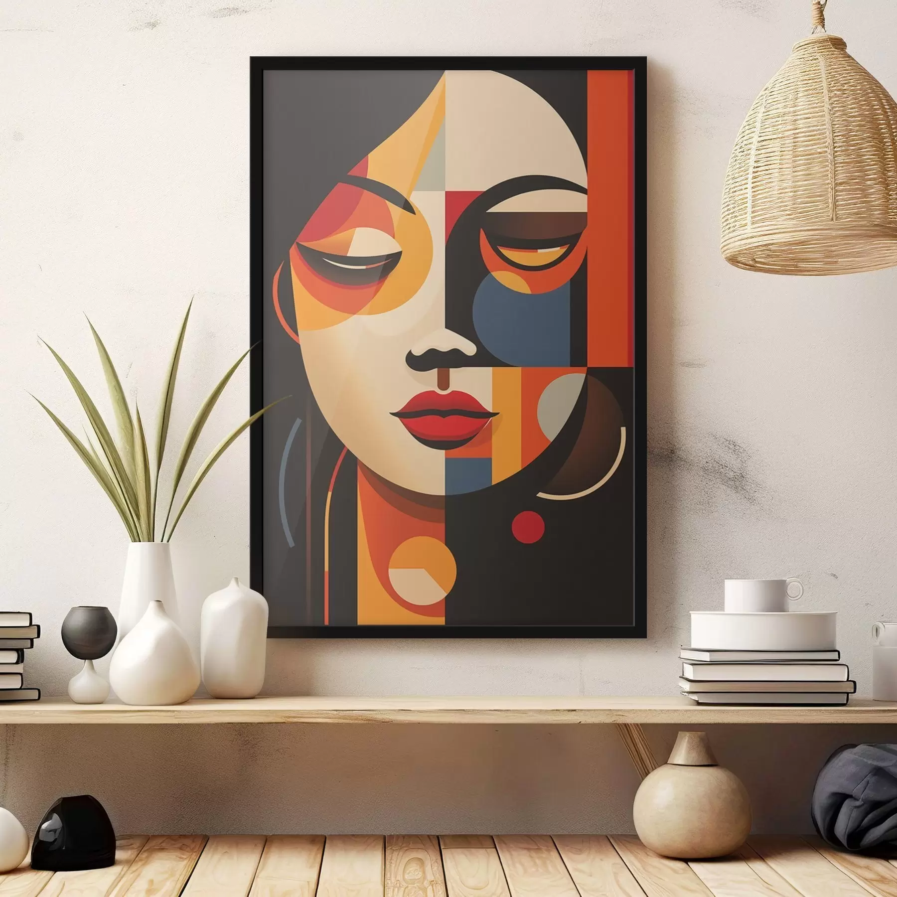 murales de pared Rostro femenino geométrico en colores cálidos f45087