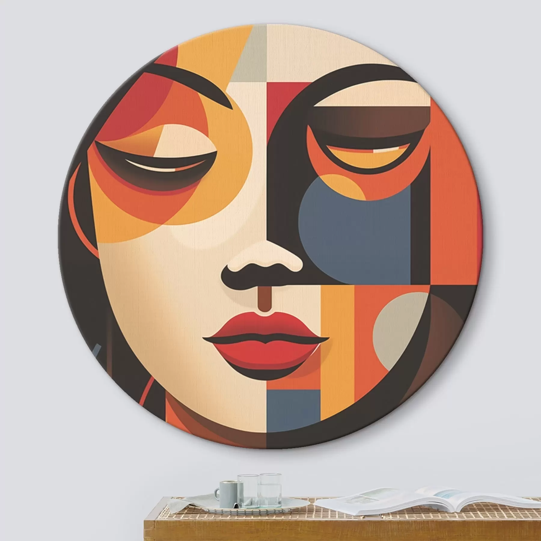 murales de pared Rostro femenino geométrico en colores cálidos r45087