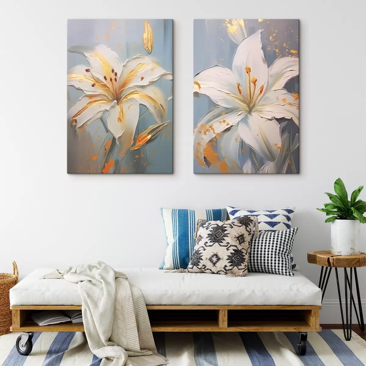 murales de pared Lirios blancos con trazos amarillos sobre fondo azul m00497