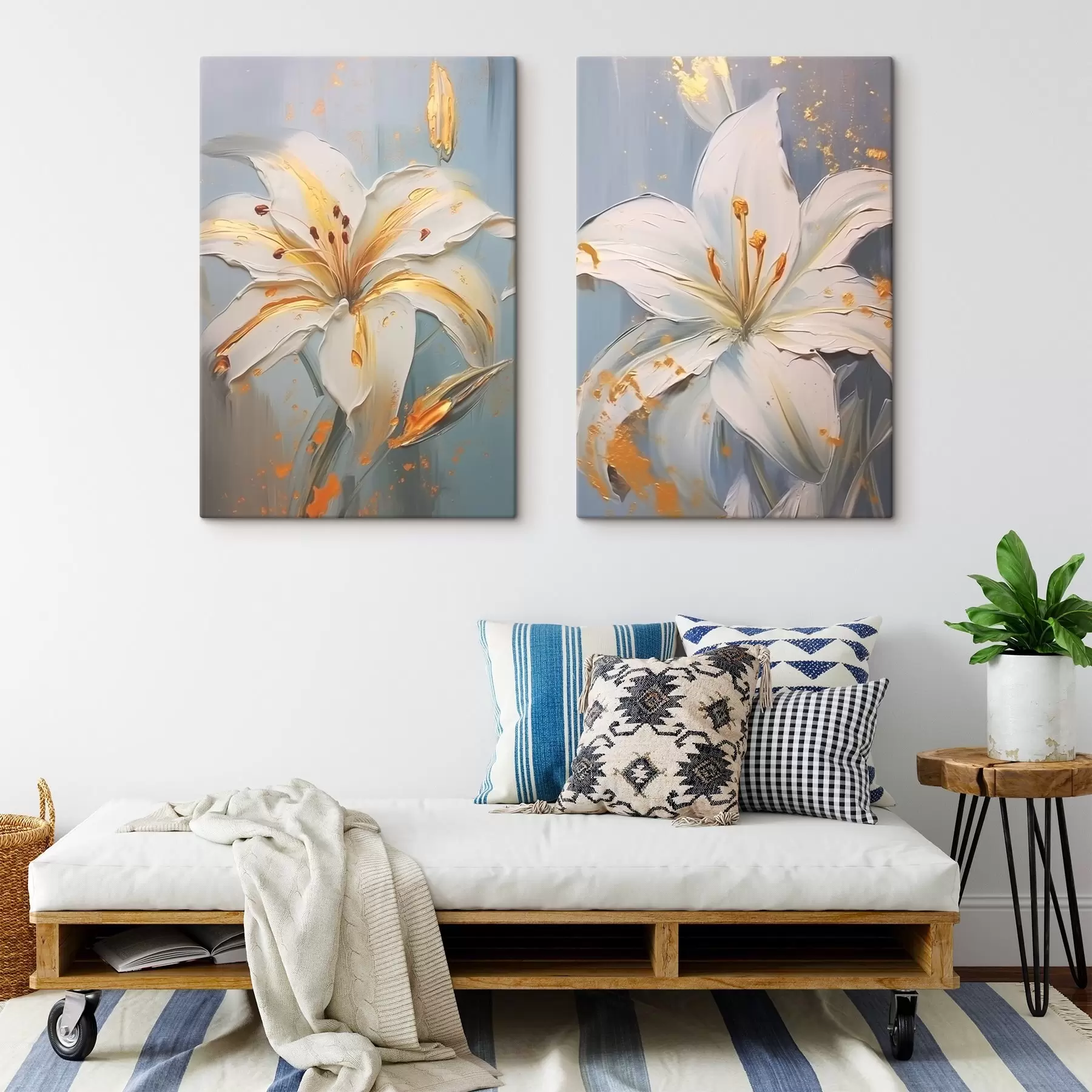 murales de pared Lirios blancos con trazos amarillos sobre fondo azul m00497