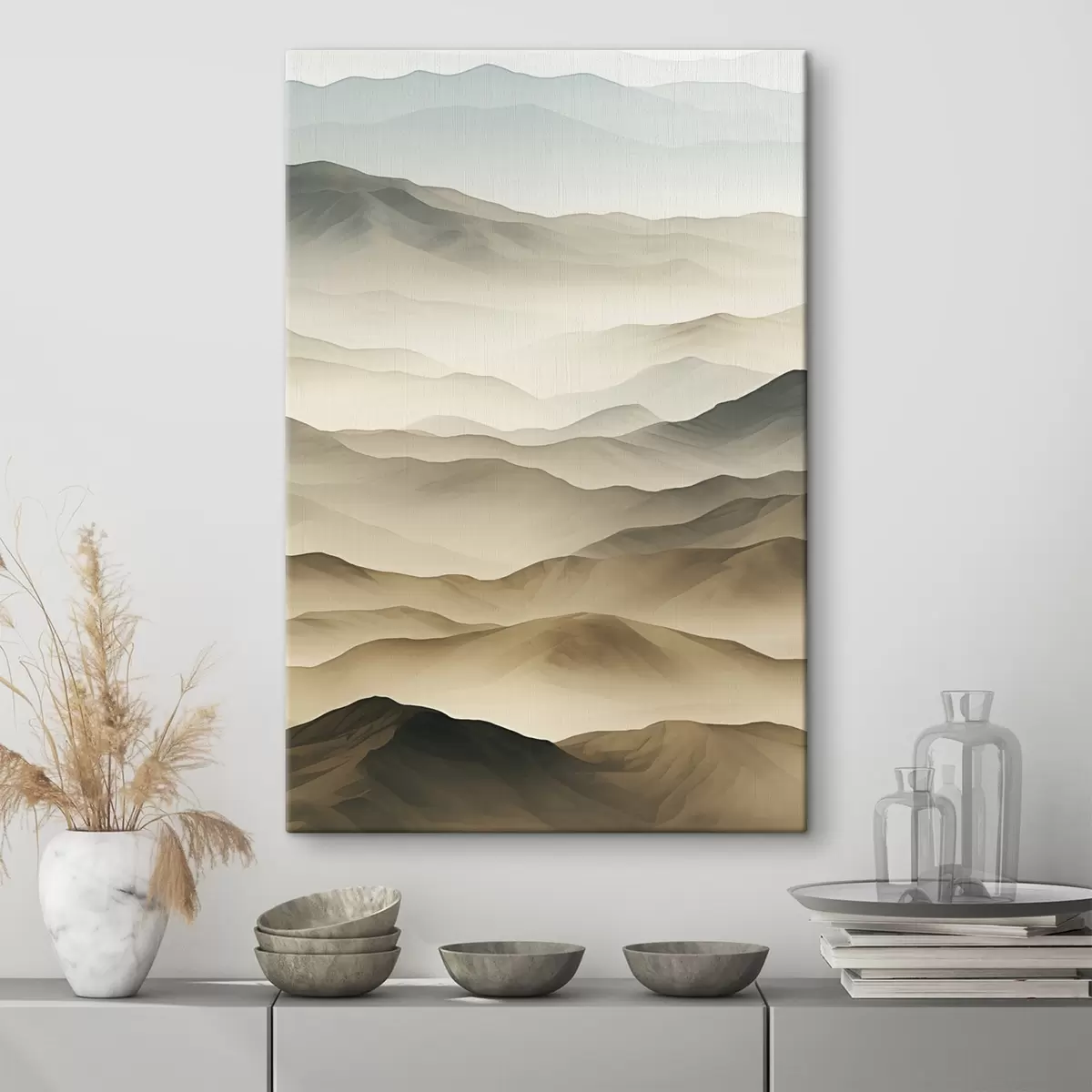 murales de pared colinas, niebla, tonos neutros, líneas fluidas, tierra, bordes suaves, naturaleza, profundidad s45096