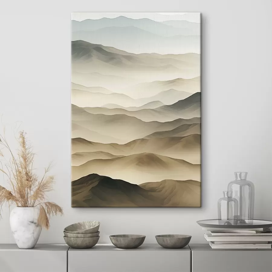 murales de pared colinas, niebla, tonos neutros, líneas fluidas, tierra, bordes suaves, naturaleza, profundidad s45096