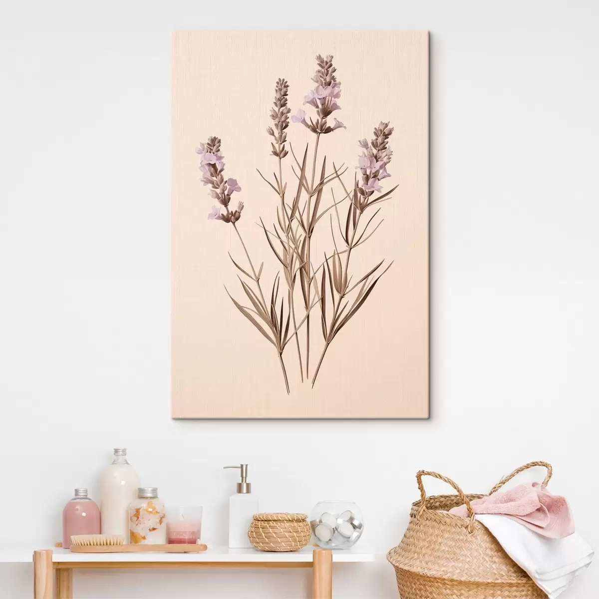 murales de pared lavanda, botánico, fondo beige, morado suave, hojas, floral, natural, tallo s45100