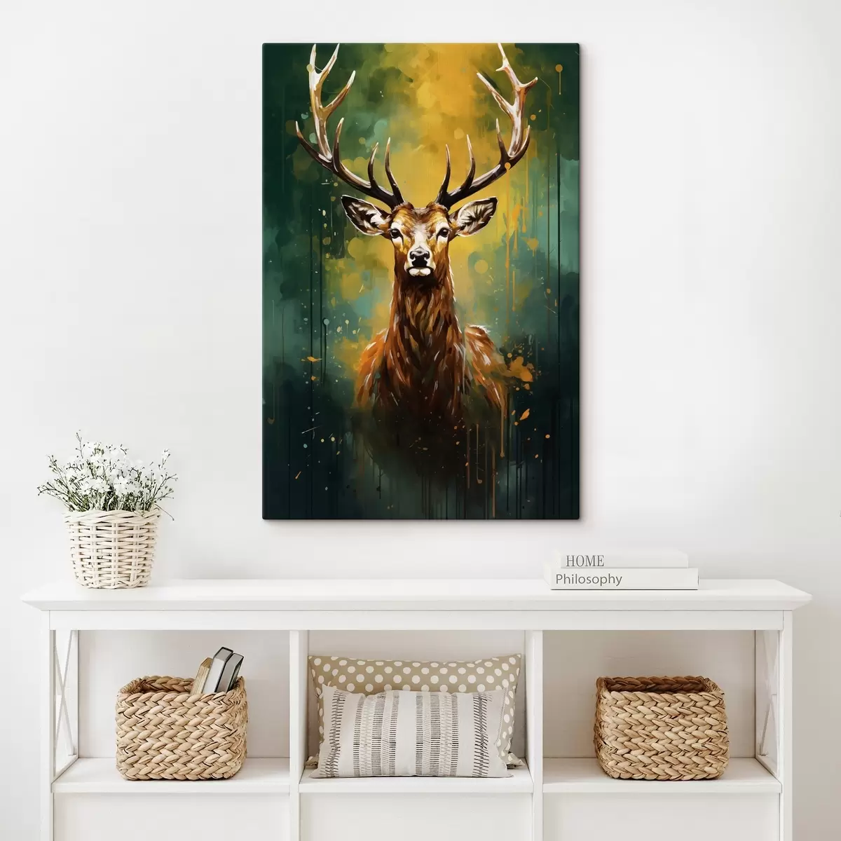 murales de pared ciervo, cornamenta, verde bosque, salpicadura naranja, retrato animal, goteo de pintura, atrevido, vida salvaje s45111
