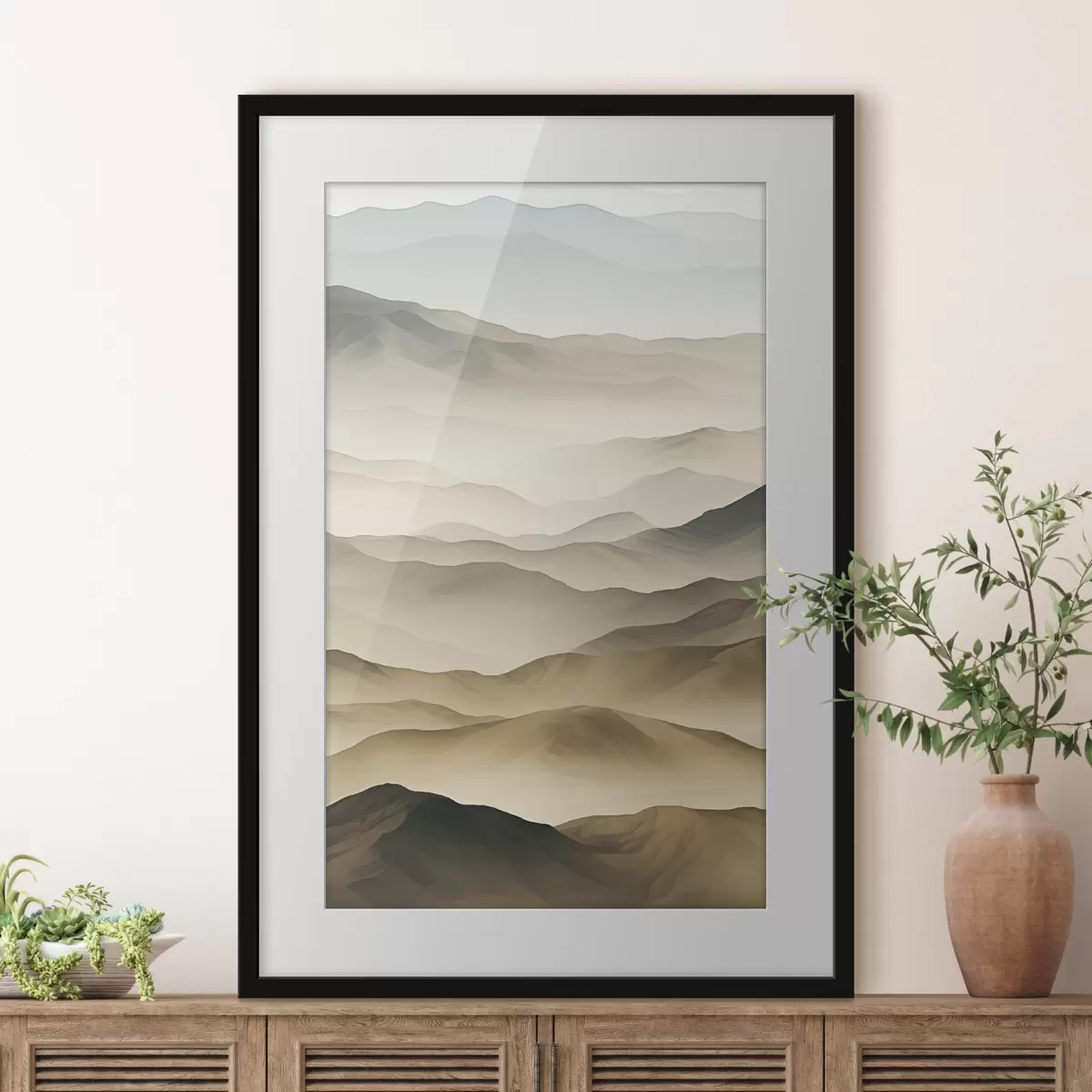 Poster colinas, niebla, tonos neutros, líneas fluidas, tierra, bordes suaves, naturaleza, profundidad f45096
